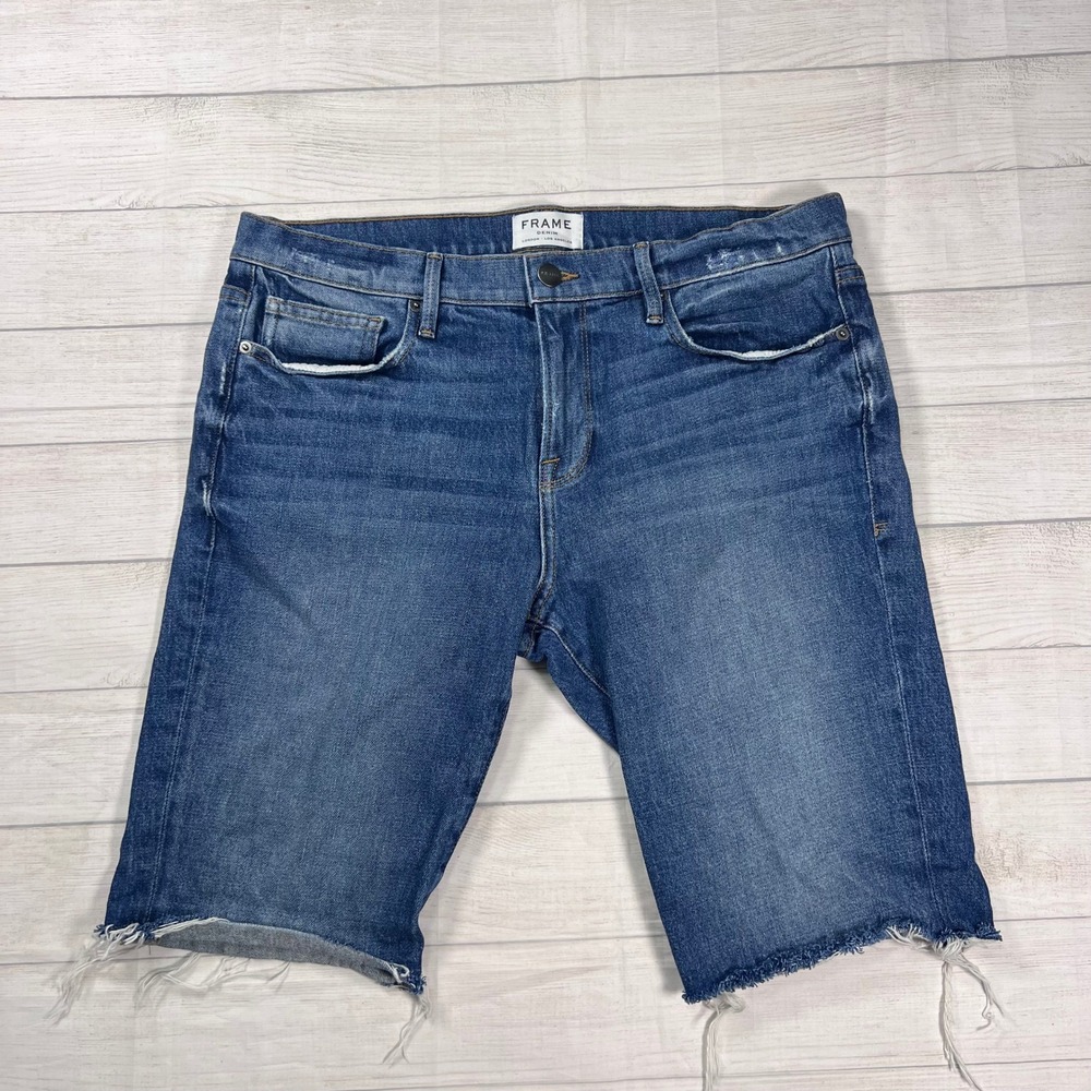 Frame Denim Shiloh Shorts/Jorts Women Size 34 Blue Mid-Wash Raw Hem Bermuda